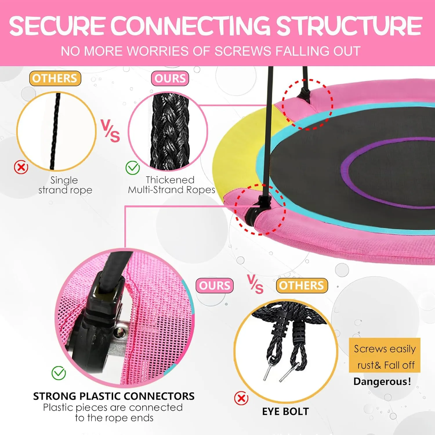 43 Inch Saucer Tree Swing for Kids Outdoor, Textilene Fabric Tear & UV Resistant Waterproof, Round Disc Circle Swings with Adjustable Hanging Straps, Swing-Set for Backyard Garden, Pink