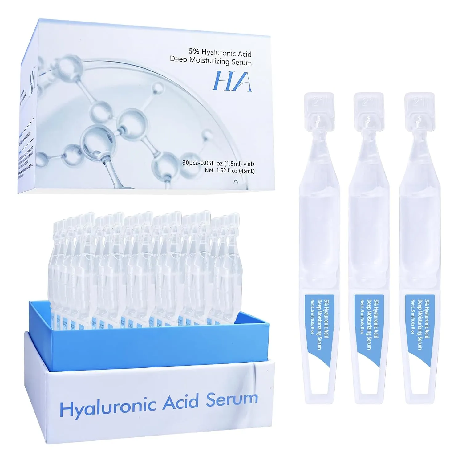 5% Hyaluronic Acid Serum Ultra Moisturizing & Elastic Skin - Wake Nature Perfection Hyaluronic Acid - Anti-Aging Serum for Face Single-Use Vials Skincare - Repair Sensitive Skin (1.5 ml)*30