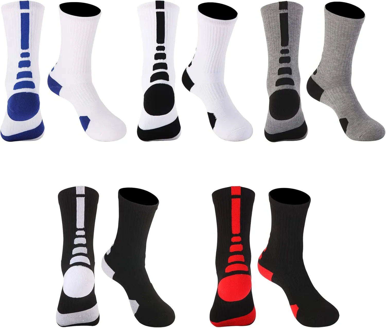 5 Pairs Elite Basketball Socks Cushioned Athletic Crew Socks for Men Youth Adult Soccer Outdoor Football Running