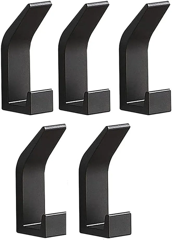 5Pcs Heavy Duty Adhesive Hooks, Stick on Wall Adhesive Hangers, Aluminum Reusable Waterproof Hooks with 30lbs Capacity for Kitchen Bathroom Bedroom (Black)