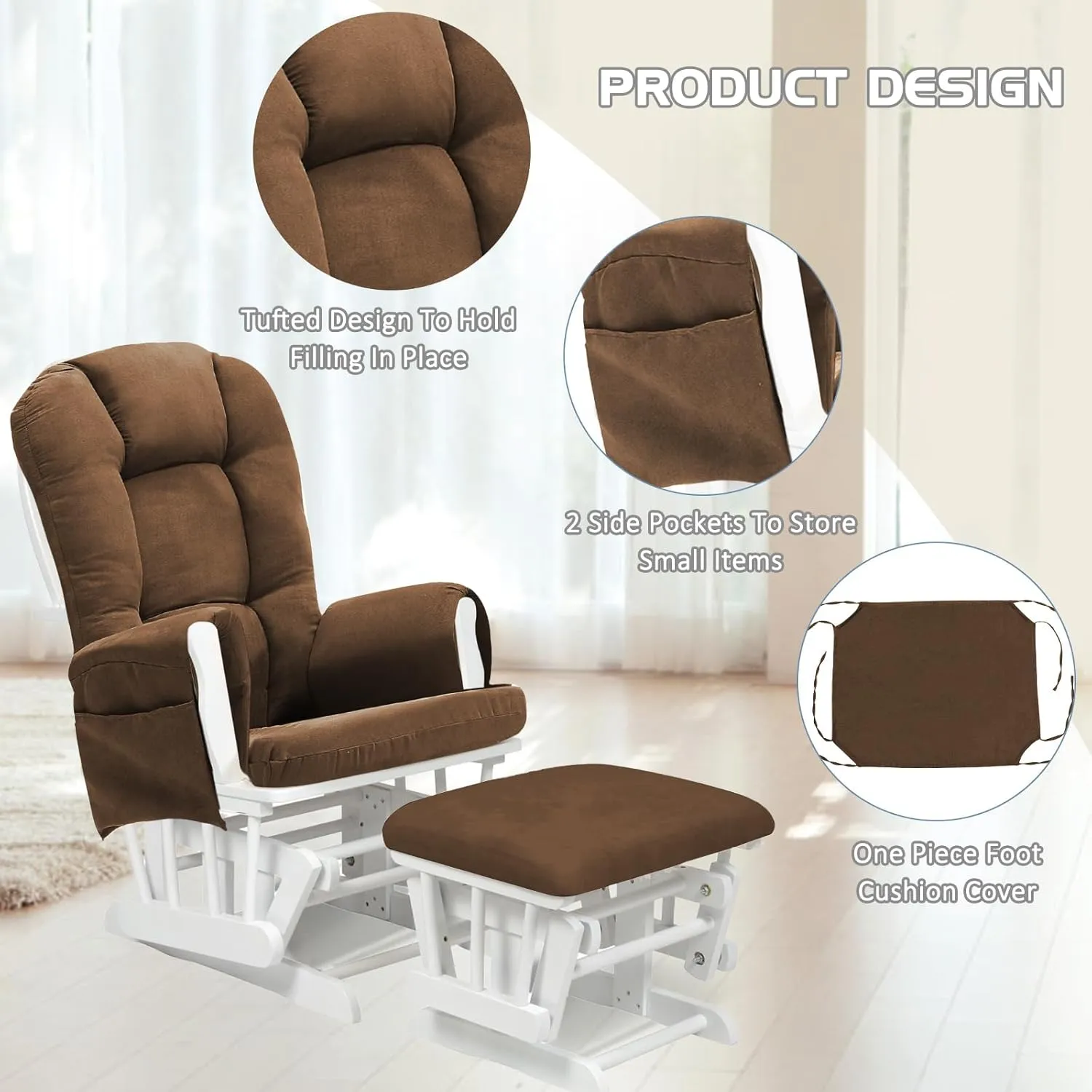 5PCS Suede Glider Rocker Replacement Cushions with Ottoman Cover Thicken Soft Rocking Chair Cushion Set for Indoor Nursery Glider Rocking Chair, Brown