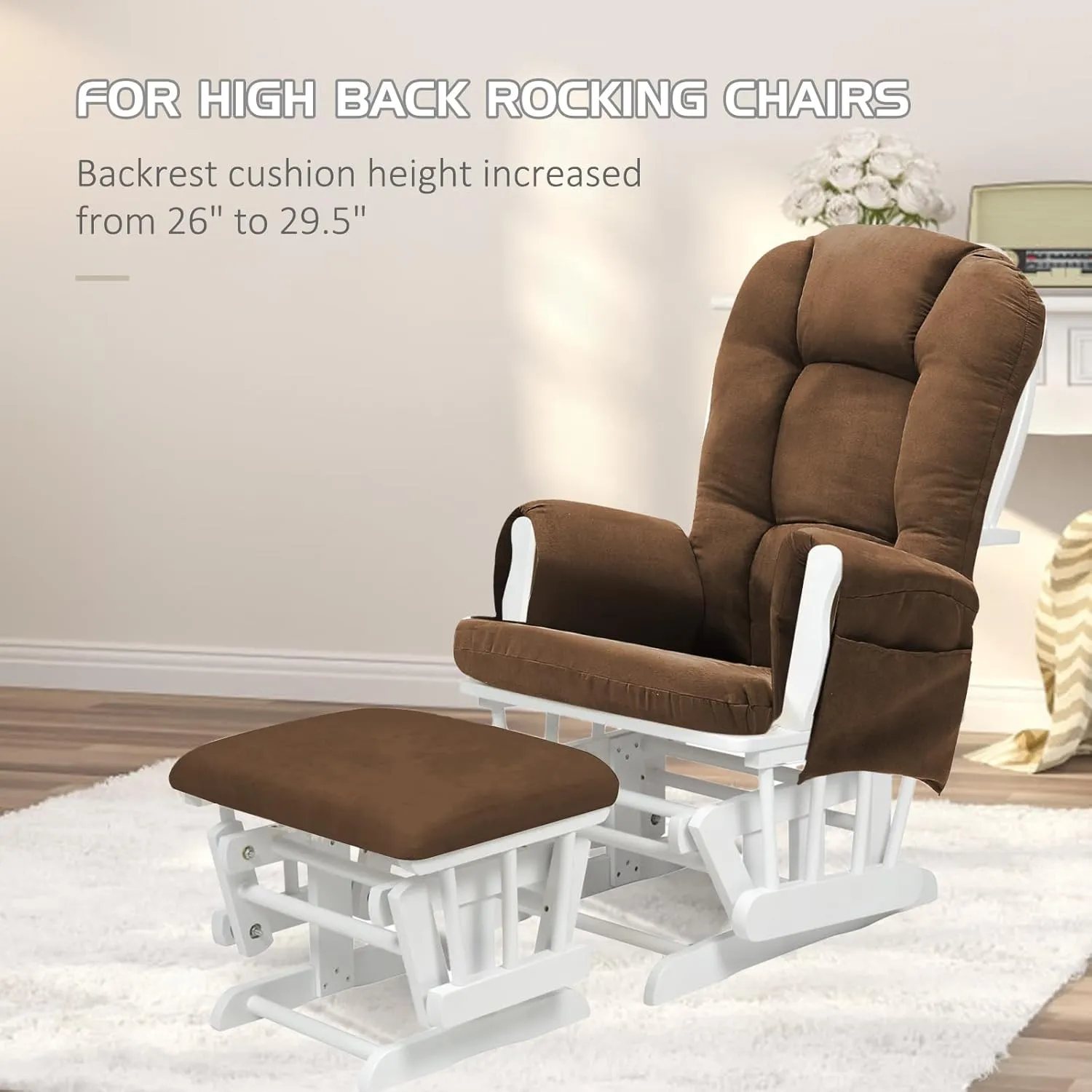 5PCS Suede Glider Rocker Replacement Cushions with Ottoman Cover Thicken Soft Rocking Chair Cushion Set for Indoor Nursery Glider Rocking Chair, Brown