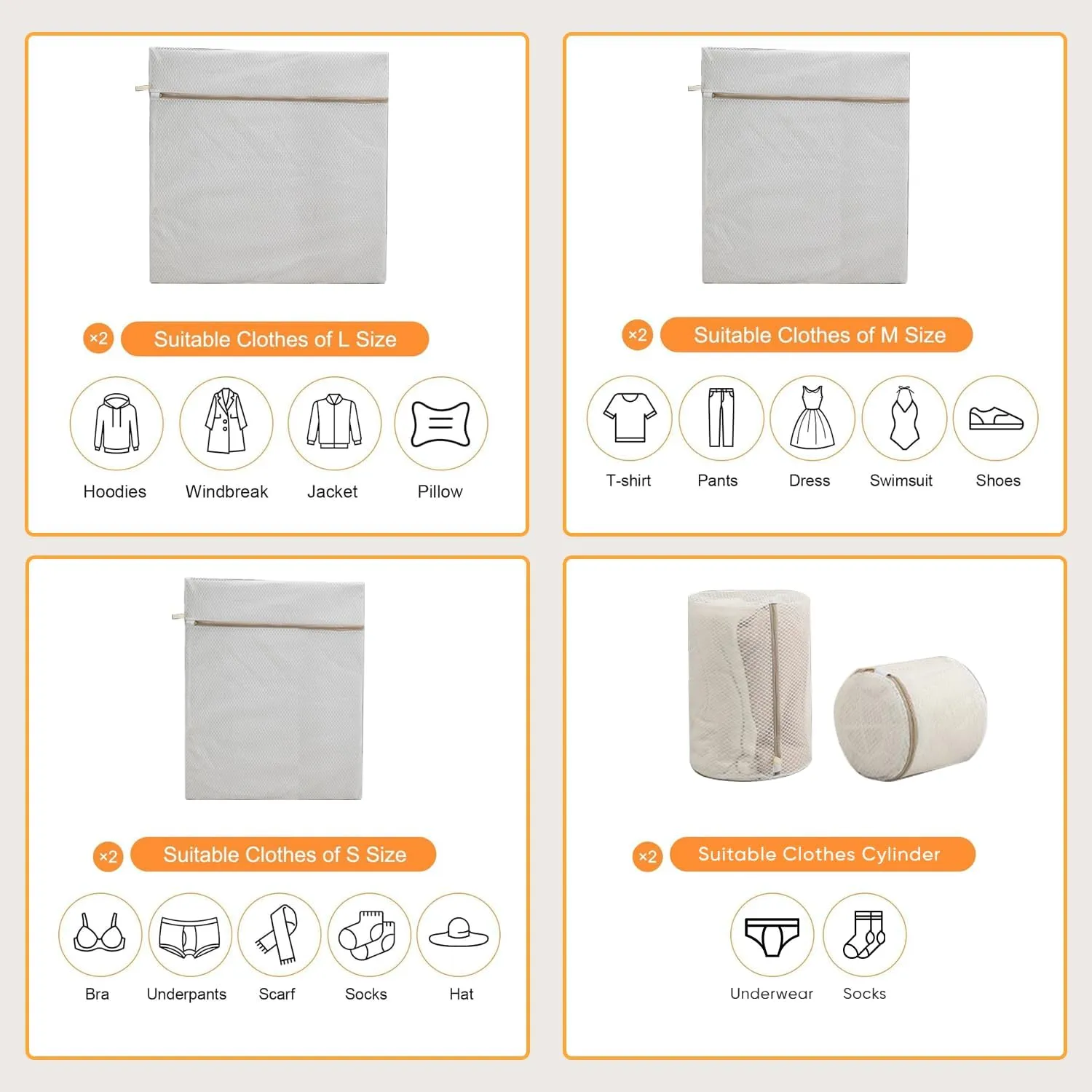 6-Piece Beige Laundry Bag Set - Durable Polyester Mesh with Sturdy Zipper, Breathable Design for Delicate Garments, Lingerie, Shoes, and Travel - Multiple Sizes for Versatile Use