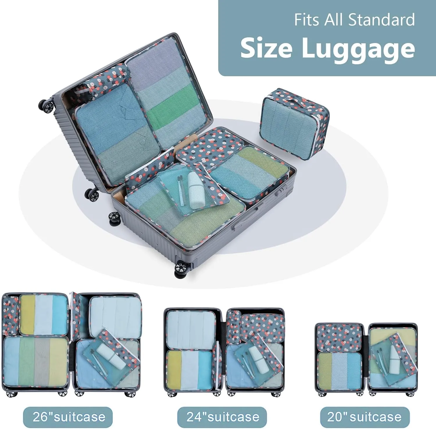 9 Set Packing Cubes for Carry on Suitcase, Luggage Bags for Travel Packing Organizers Lightweight Travel Cubes, Luggage Organizer for Travel Accessories.(Blue Flower)
