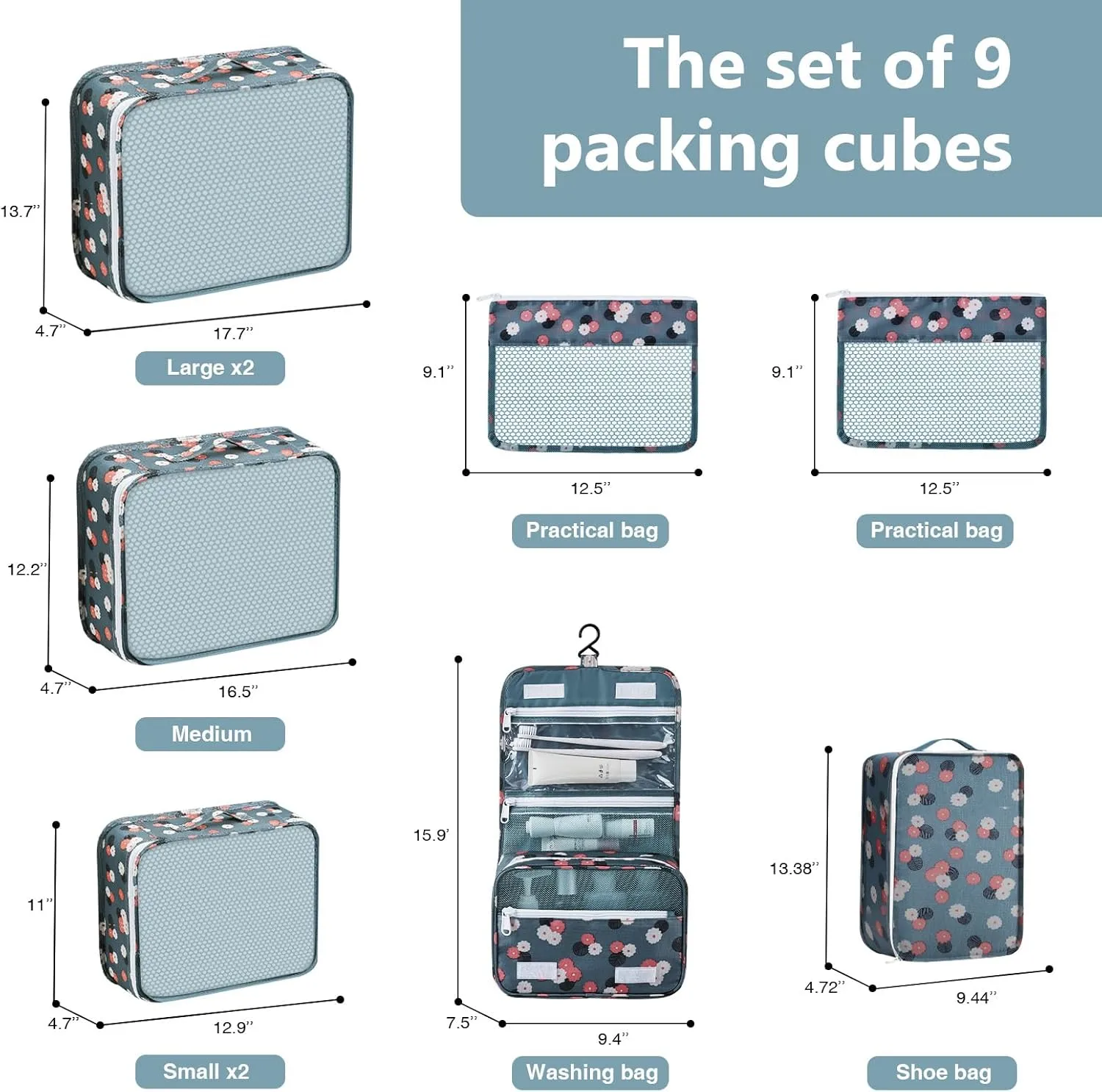 9 Set Packing Cubes for Carry on Suitcase, Luggage Bags for Travel Packing Organizers Lightweight Travel Cubes, Luggage Organizer for Travel Accessories.(Blue Flower)