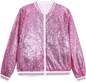 A ARFAR Women Sequin Jackets Striped Collar Glitter Varsity Bomber Sparkly Coat Party Outwear Lightweight Ladies Cloth