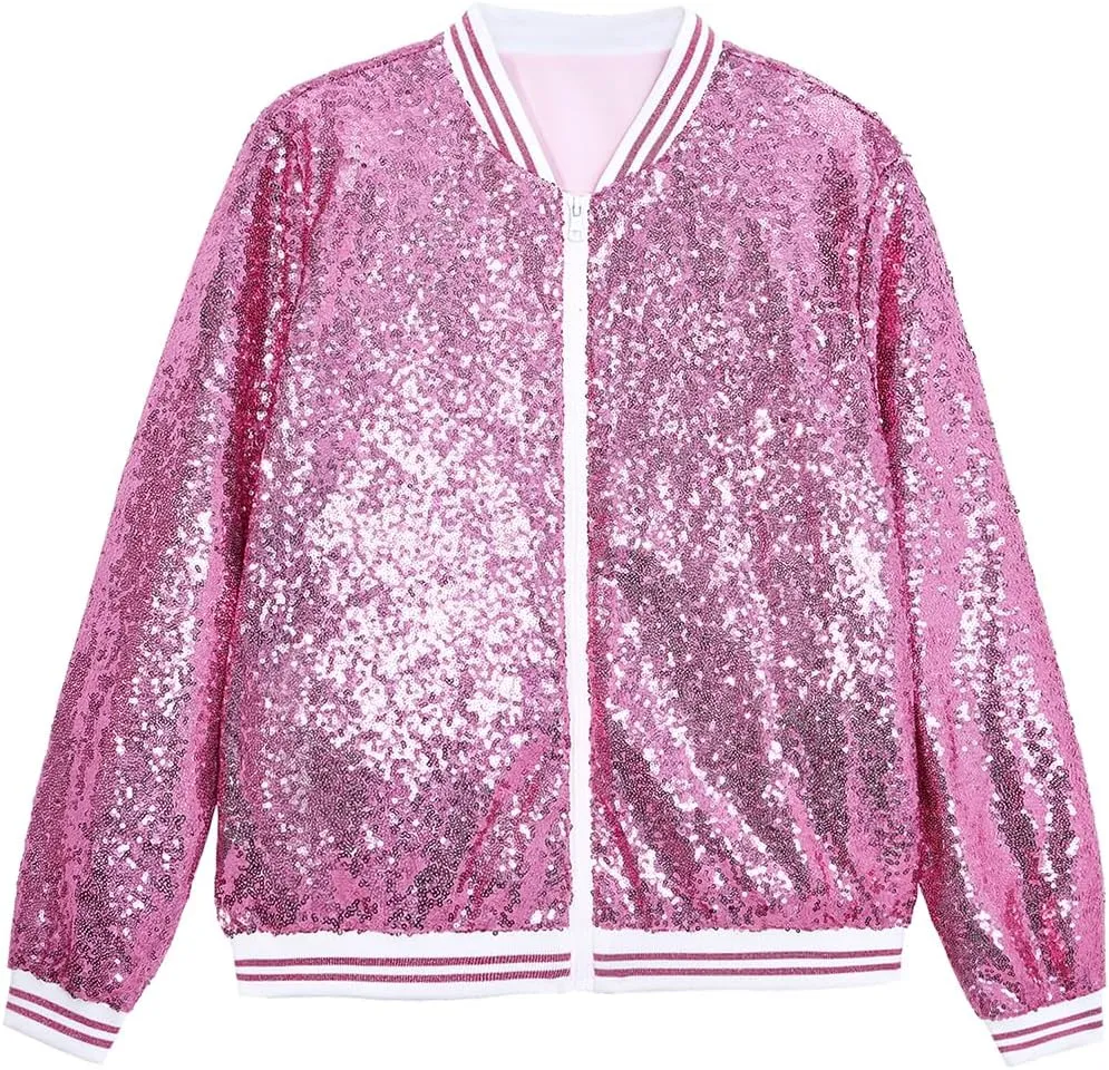 A ARFAR Women Sequin Jackets Striped Collar Glitter Varsity Bomber Sparkly Coat Party Outwear Lightweight Ladies Cloth