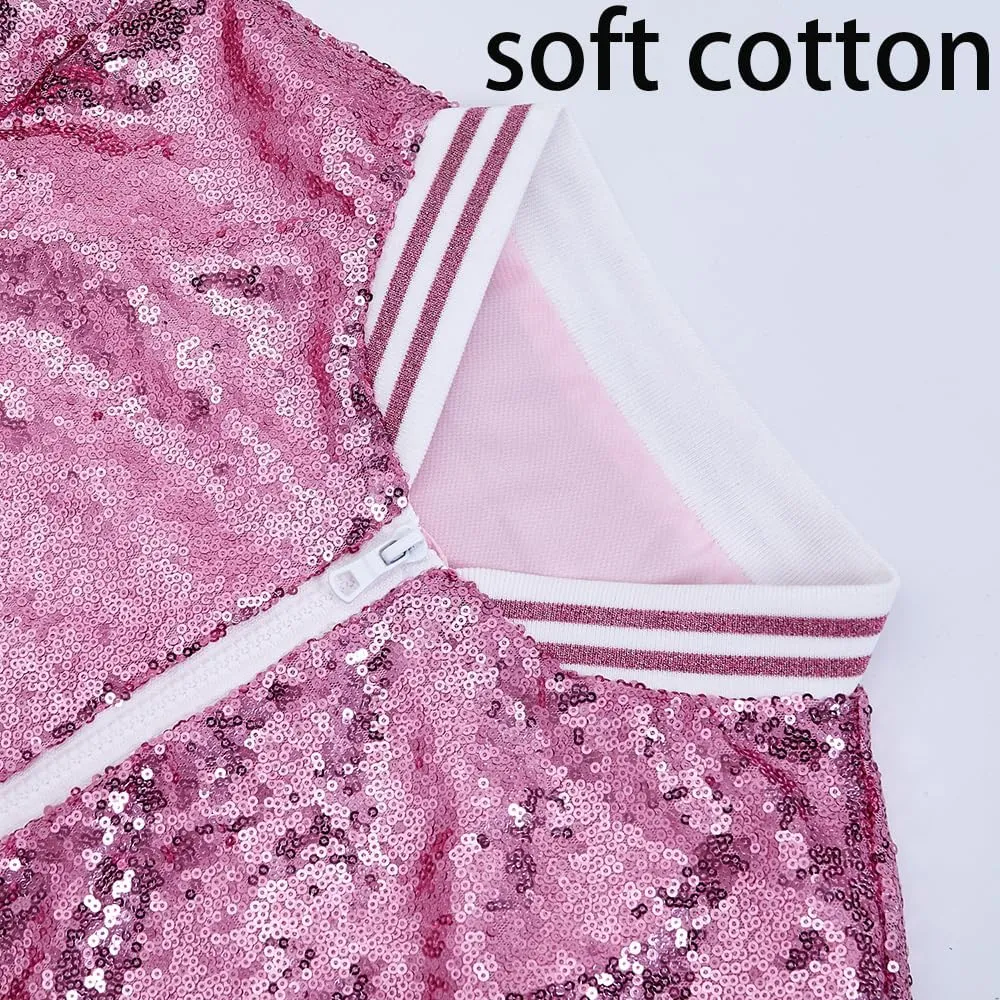 A ARFAR Women Sequin Jackets Striped Collar Glitter Varsity Bomber Sparkly Coat Party Outwear Lightweight Ladies Cloth
