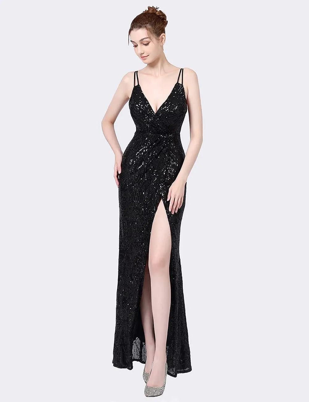 A ARFAR Women Sequin Party Dress V-Neck Sphagetti Strap Dress Sexy High Slit Dress Formal Evening Gowns