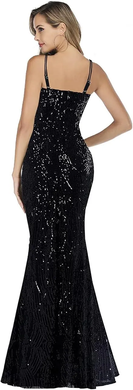 A ARFAR Women Sequin Party Dress V-Neck Sphagetti Strap Dress Sexy High Slit Dress Formal Evening Gowns
