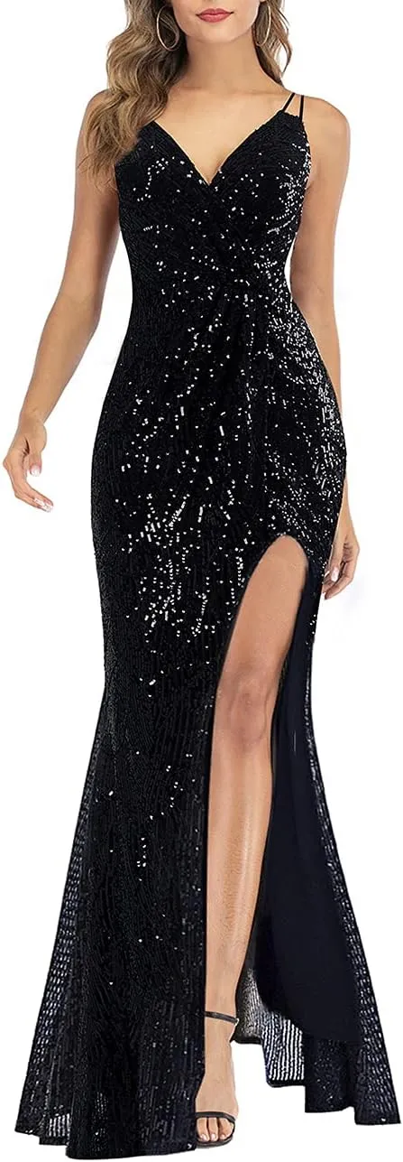 A ARFAR Women Sequin Party Dress V-Neck Sphagetti Strap Dress Sexy High Slit Dress Formal Evening Gowns