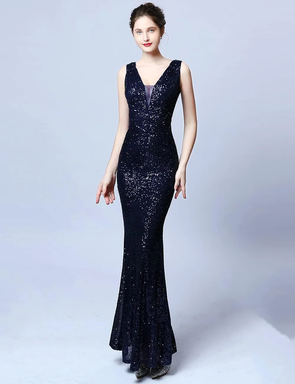 A ARFAR Women Wedding Sequin Dress V-Neck Sleeveless Dress Mermaid Maxi Long Dress Formal Evening Prom Gowns