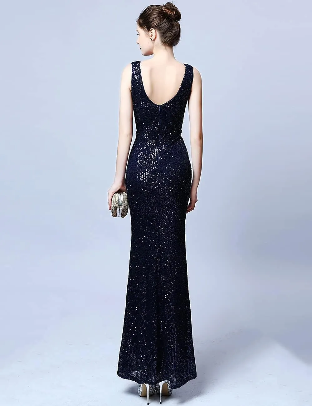 A ARFAR Women Wedding Sequin Dress V-Neck Sleeveless Dress Mermaid Maxi Long Dress Formal Evening Prom Gowns