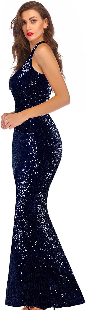 A ARFAR Women Wedding Sequin Dress V-Neck Sleeveless Dress Mermaid Maxi Long Dress Formal Evening Prom Gowns