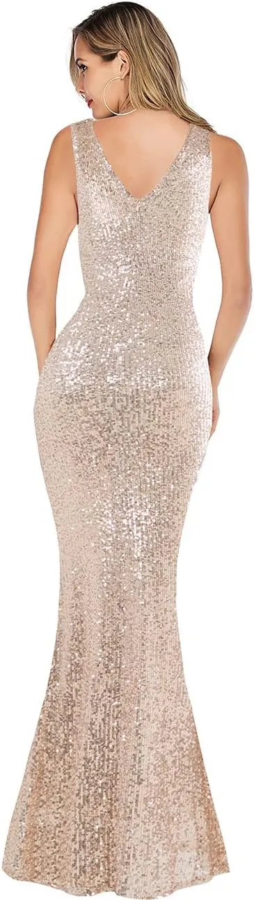A ARFAR Women Wedding Sequin Dress V-Neck Sleeveless Dress Mermaid Maxi Long Dress Formal Evening Prom Gowns