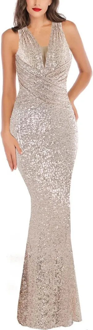 A ARFAR Women Wedding Sequin Dress V-Neck Sleeveless Dress Mermaid Maxi Long Dress Formal Evening Prom Gowns