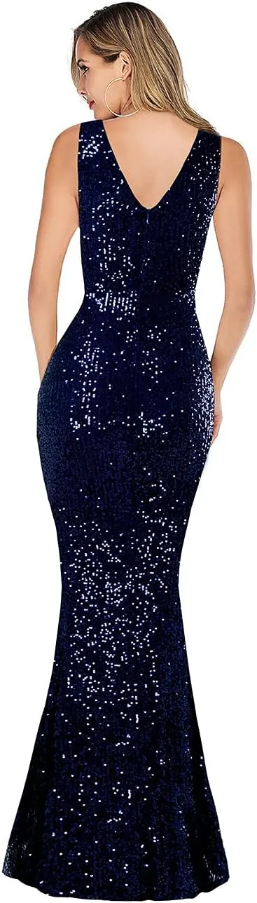 A ARFAR Women Wedding Sequin Dress V-Neck Sleeveless Dress Mermaid Maxi Long Dress Formal Evening Prom Gowns