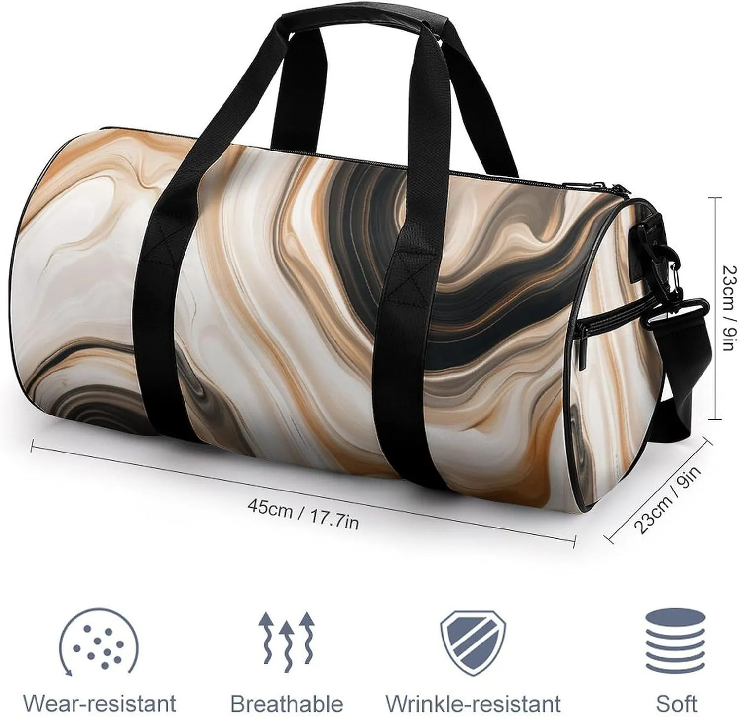 Abstract Brown Black Marble Texture Travel Gym Bag for Women Men Cylindrical Duffle Bag Sport Workout Bag with Shoulder Strap