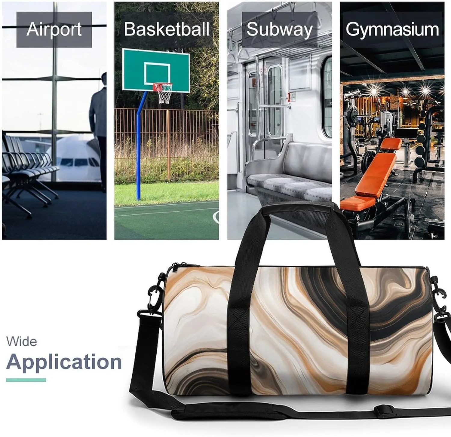 Abstract Brown Black Marble Texture Travel Gym Bag for Women Men Cylindrical Duffle Bag Sport Workout Bag with Shoulder Strap
