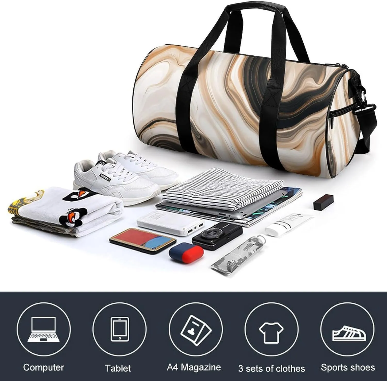 Abstract Brown Black Marble Texture Travel Gym Bag for Women Men Cylindrical Duffle Bag Sport Workout Bag with Shoulder Strap