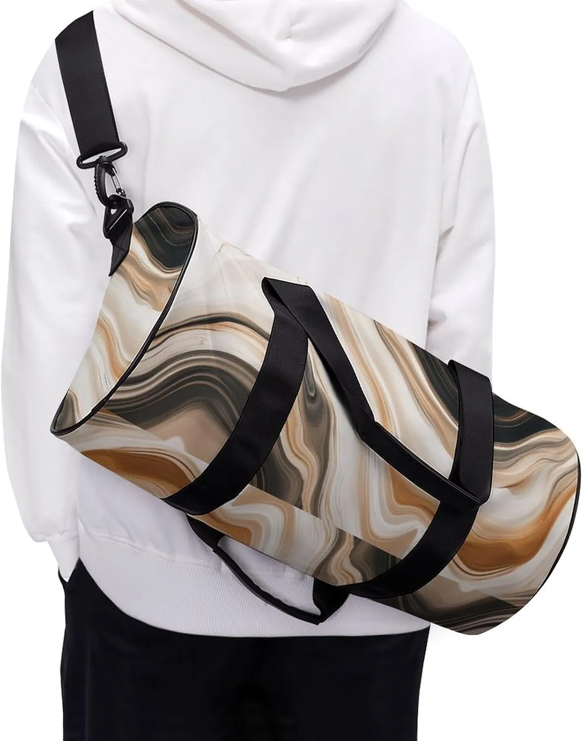 Abstract Brown Black Marble Texture Travel Gym Bag for Women Men Cylindrical Duffle Bag Sport Workout Bag with Shoulder Strap