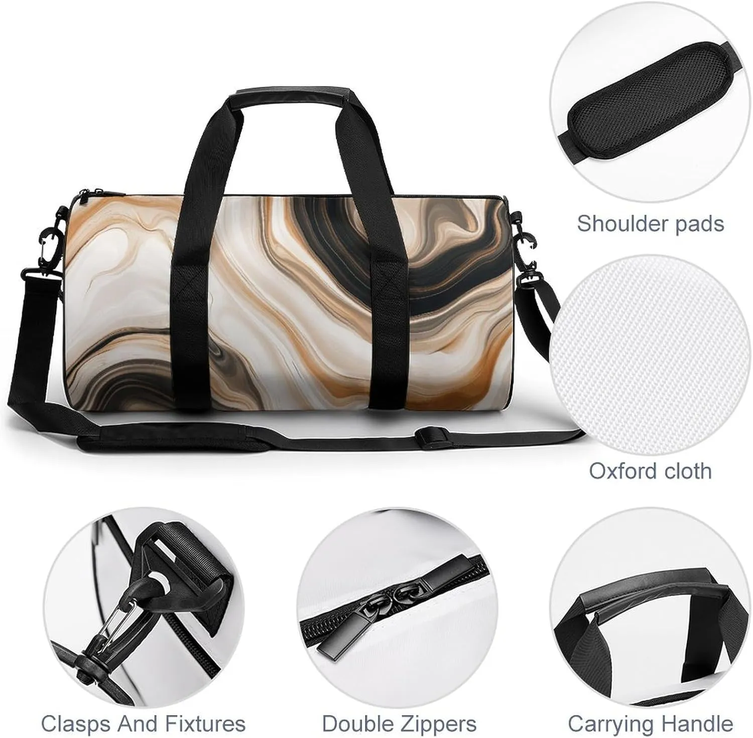 Abstract Brown Black Marble Texture Travel Gym Bag for Women Men Cylindrical Duffle Bag Sport Workout Bag with Shoulder Strap