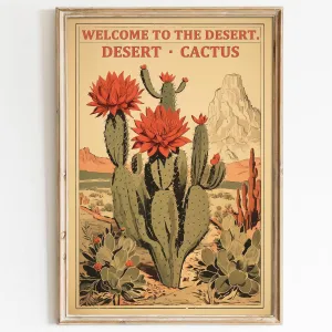 Abstract Desert Wall Art Desert Landscape Pictures Vintage Cactus Print Desert Mountain Wall Art Retro Botanical Print Saguaro Cactus Picture Abstract Cactus Painting Desert Floral Poster 16x24in No Frame