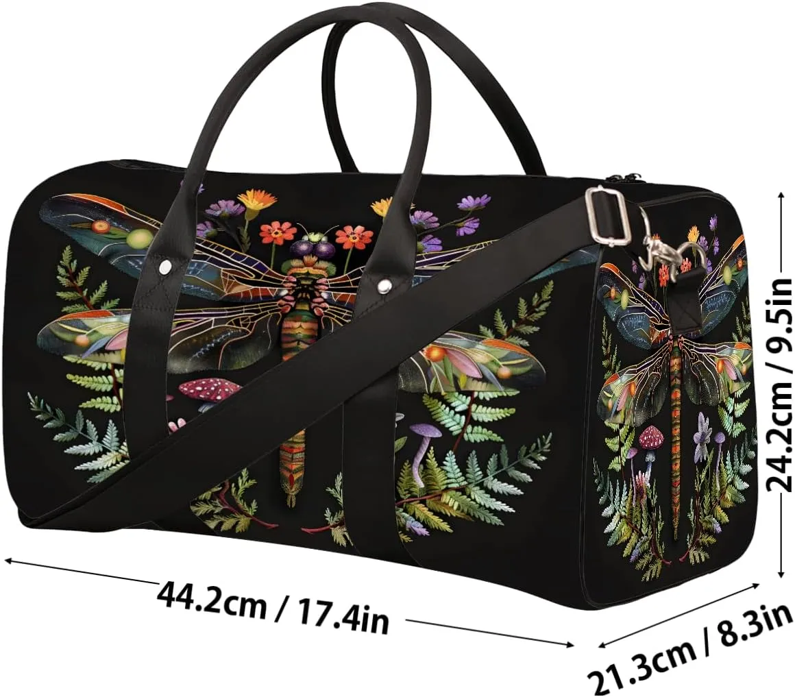 Abstract Dragonfly Mushroom Travel Duffel Bag for Women Men Small Sport Gym Bag Waterproof Weekender Overnight Bag Lightweight Carry on bag Foldable Gym Bag for Training Swim Yoga Traveling Handbag