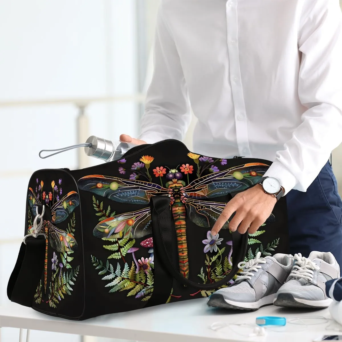 Abstract Dragonfly Mushroom Travel Duffel Bag for Women Men Small Sport Gym Bag Waterproof Weekender Overnight Bag Lightweight Carry on bag Foldable Gym Bag for Training Swim Yoga Traveling Handbag