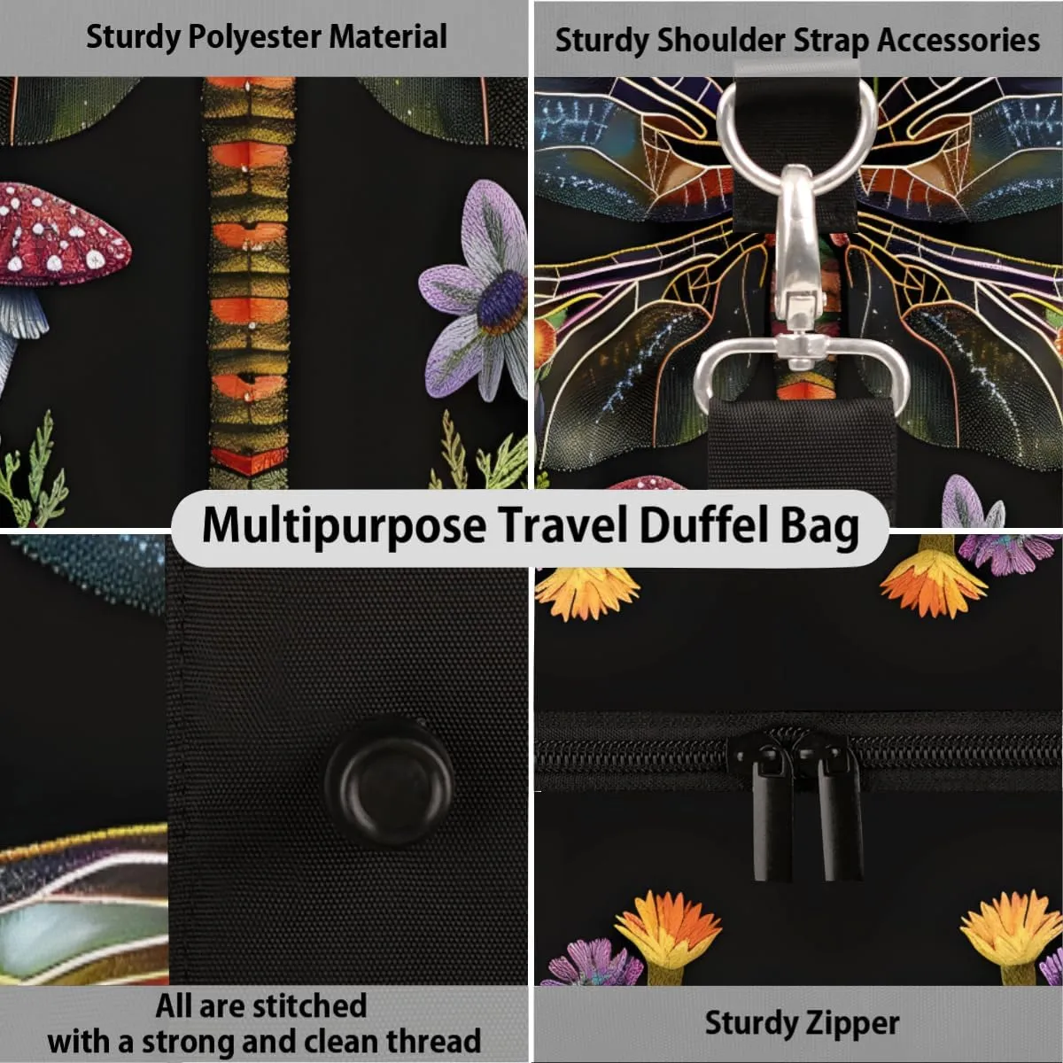 Abstract Dragonfly Mushroom Travel Duffel Bag for Women Men Small Sport Gym Bag Waterproof Weekender Overnight Bag Lightweight Carry on bag Foldable Gym Bag for Training Swim Yoga Traveling Handbag