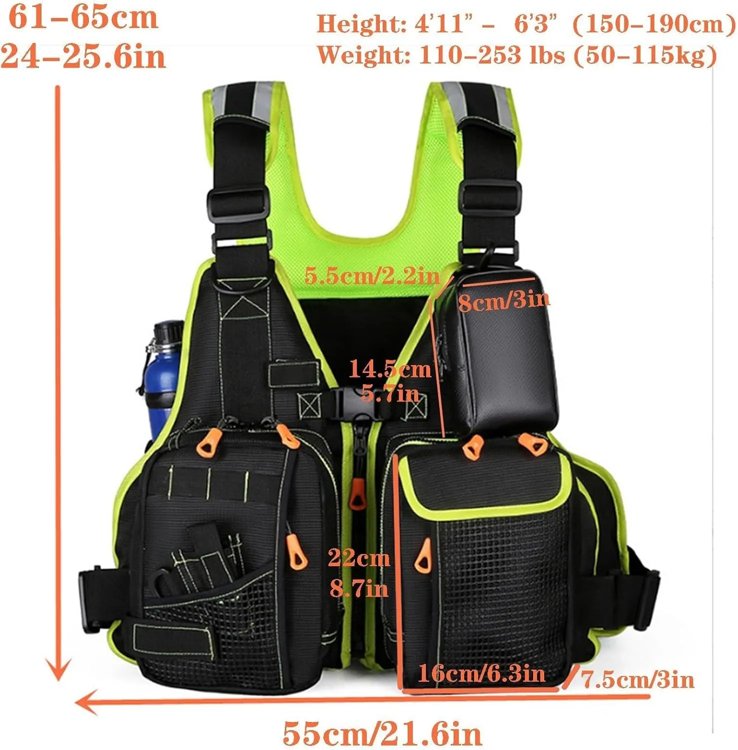 Adjustable Fly Fishing Vest, Life Vest for Men and Women with Detachable Chest Bag Bottle Holder Buoyant Cotton, Trout Fishing Gear Floating Vest(Black a)