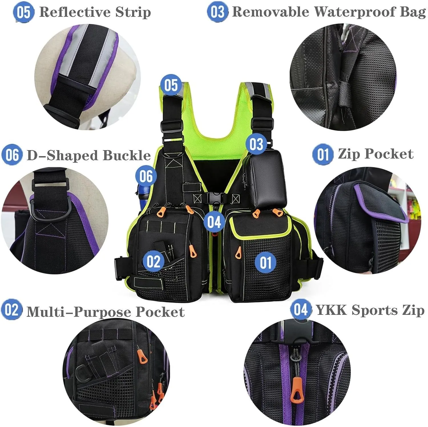 Adjustable Fly Fishing Vest, Life Vest for Men and Women with Detachable Chest Bag Bottle Holder Buoyant Cotton, Trout Fishing Gear Floating Vest(Black a)