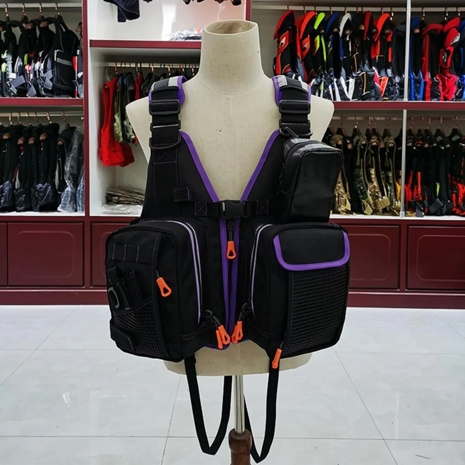 Adjustable Fly Fishing Vest, Life Vest for Men and Women with Detachable Chest Bag Bottle Holder Buoyant Cotton, Trout Fishing Gear Floating Vest(Black a)