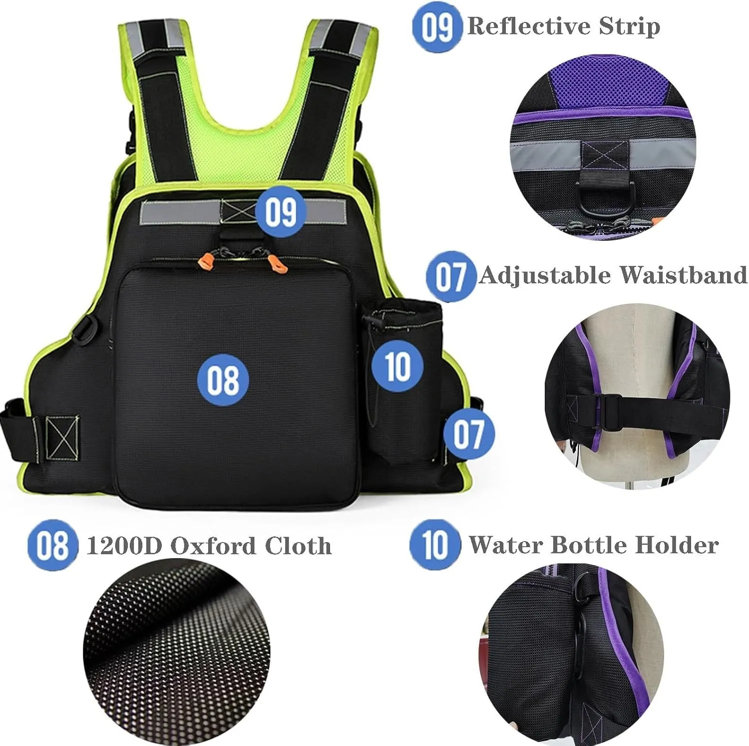 Adjustable Fly Fishing Vest, Life Vest for Men and Women with Detachable Chest Bag Bottle Holder Buoyant Cotton, Trout Fishing Gear Floating Vest(Black a)