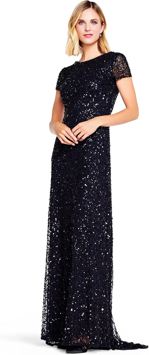 Adrianna Papell Women's Short-Sleeve All Over Sequin Gown