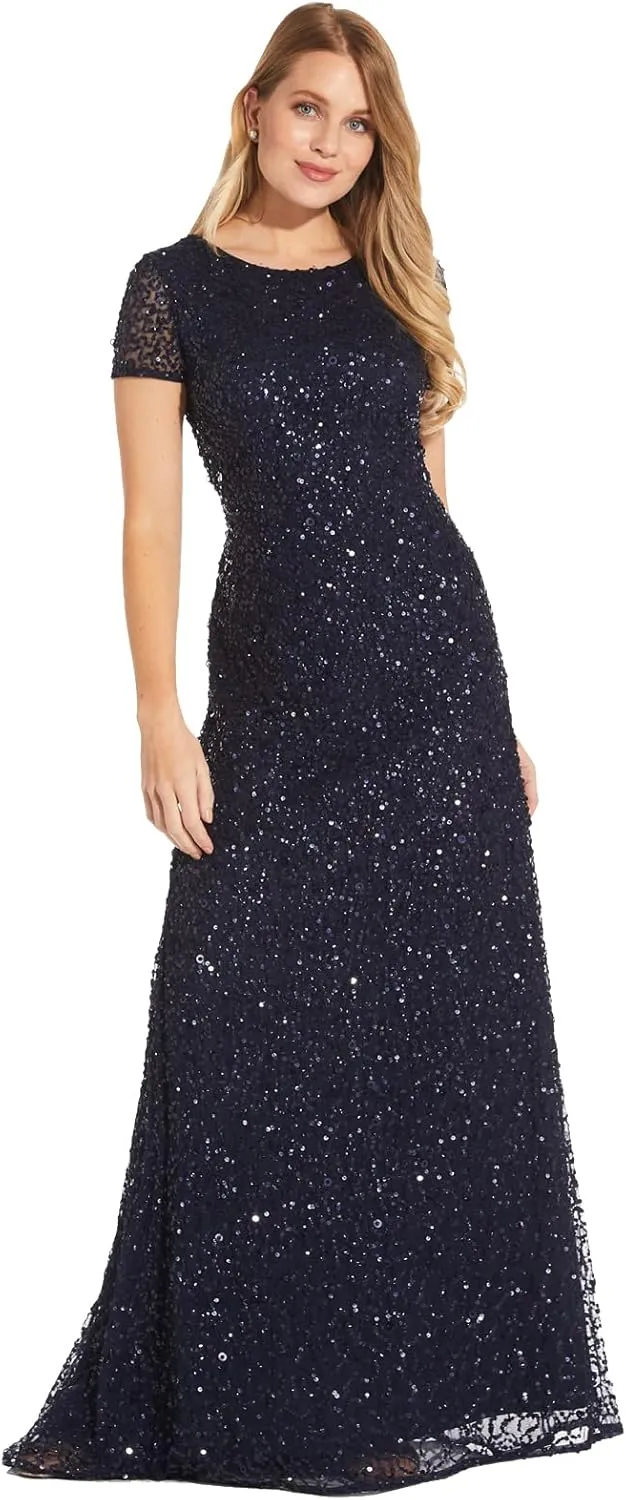 Adrianna Papell Women's Short-Sleeve All Over Sequin Gown