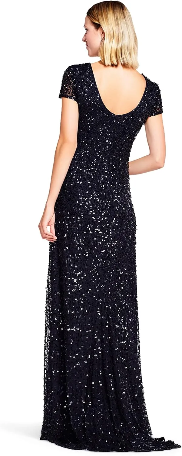 Adrianna Papell Women's Short-Sleeve All Over Sequin Gown