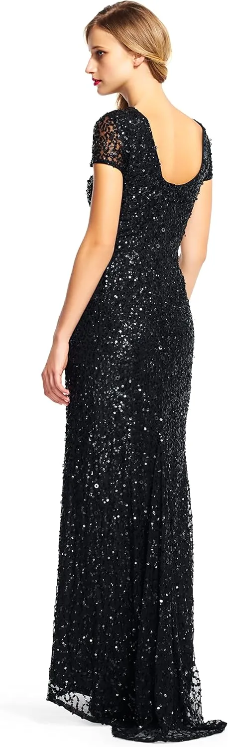 Adrianna Papell Women's Short-Sleeve All Over Sequin Gown