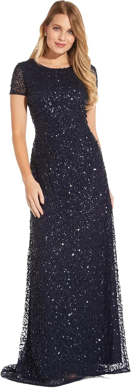 Adrianna Papell Women's Short-Sleeve All Over Sequin Gown