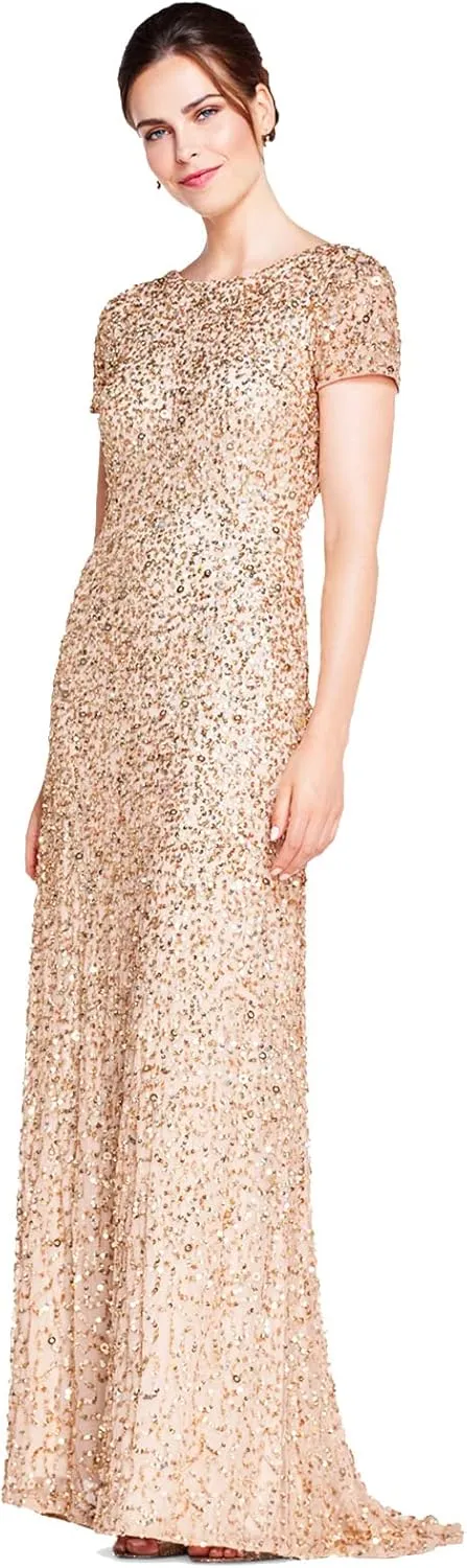 Adrianna Papell Women's Short-Sleeve All Over Sequin Gown