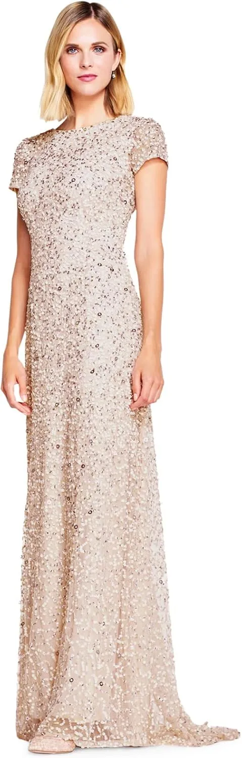 Adrianna Papell Women's Short-Sleeve All Over Sequin Gown