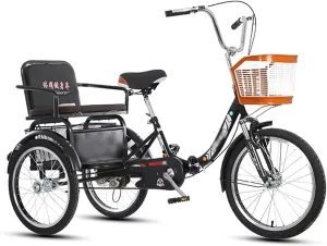 Adult Tricycles, 3 Wheel Bikes for Adults, Tricycle for Adults 20inch 3-Wheel Bicycle 1-Speed Pedal Bikes Double Chain Shock-Absorbing Front Fork for Parents to Pick Up