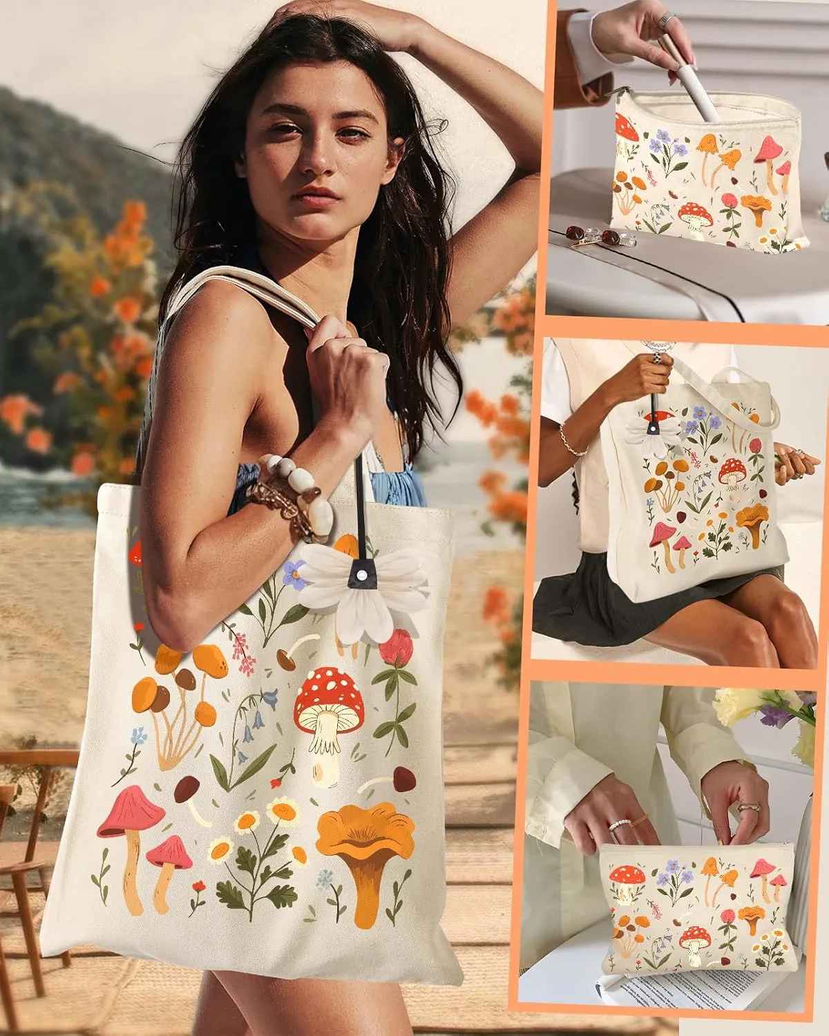 Aesthetic 2 Pack Canvas Tote Bag - with Makeup Pouch Bag for Women Reusable Grocery Bag for Gym, Travel, Work