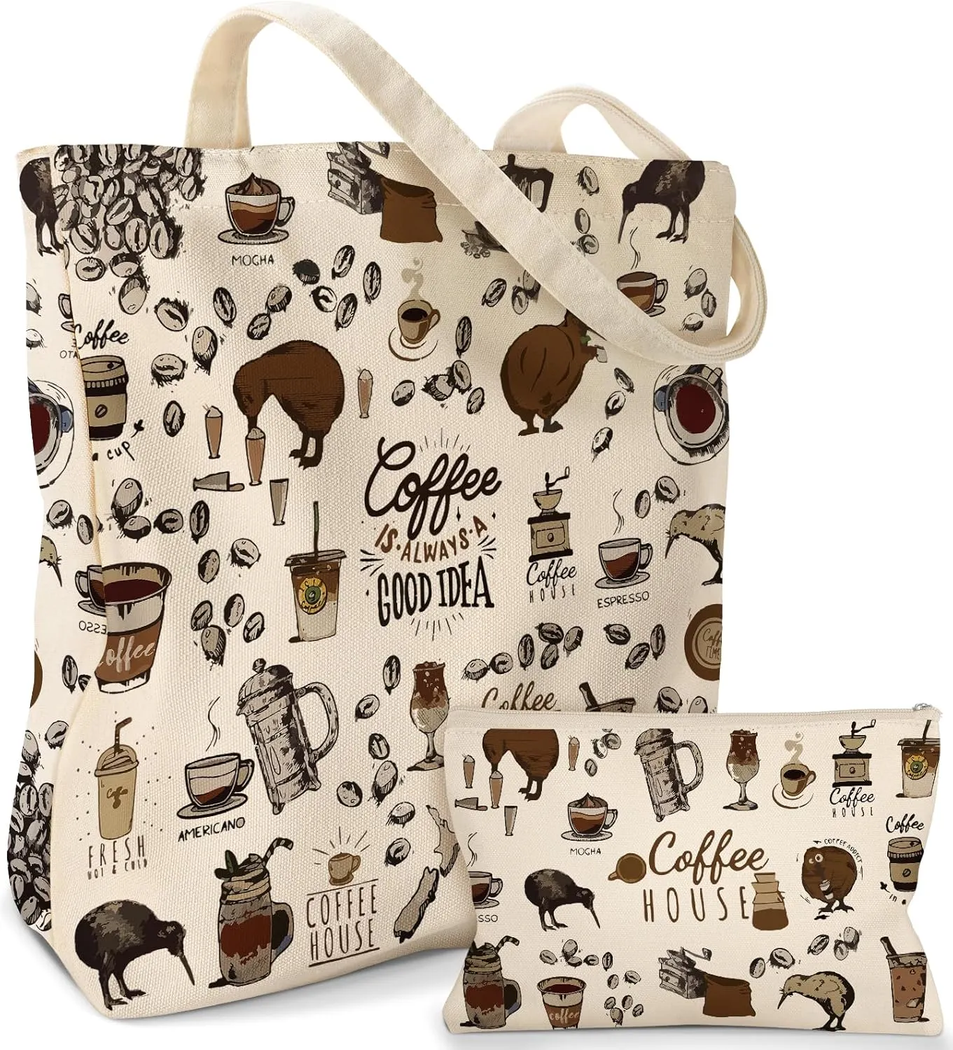 Aesthetic 2 Pack Canvas Tote Bag - with Makeup Pouch Bag for Women Reusable Grocery Bag for Gym, Travel, Work