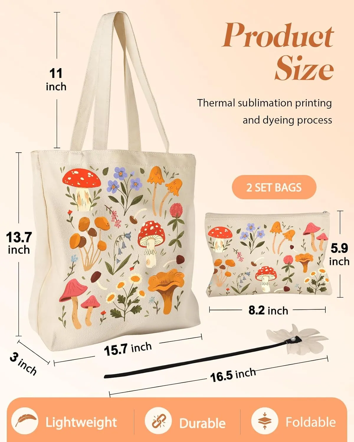 Aesthetic 2 Pack Canvas Tote Bag - with Makeup Pouch Bag for Women Reusable Grocery Bag for Gym, Travel, Work