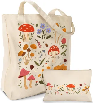 Aesthetic 2 Pack Canvas Tote Bag - with Makeup Pouch Bag for Women Reusable Grocery Bag for Gym, Travel, Work