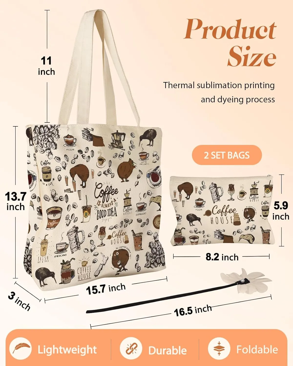 Aesthetic 2 Pack Canvas Tote Bag - with Makeup Pouch Bag for Women Reusable Grocery Bag for Gym, Travel, Work
