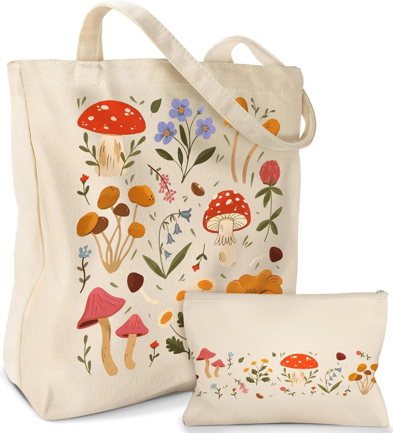 Aesthetic 2 Pack Canvas Tote Bag - with Makeup Pouch Bag for Women Reusable Grocery Bag for Gym, Travel, Work