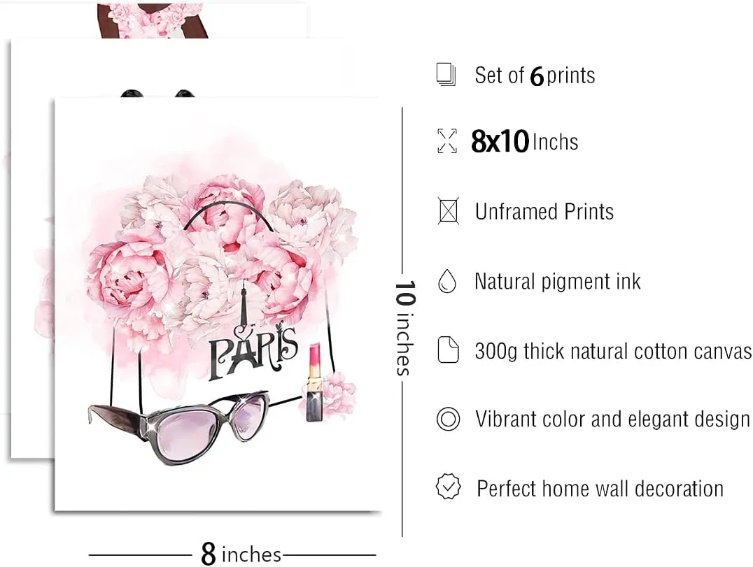 African American Wall Art Fashion Wall Decor Black Girl Canvas Poster, Pink Flowers Perfume Handbags High Heels Prints Wall Pictures Paintings for Girls Bedroom Wall Decor, Set of 6. 8x10in UNFRAMED