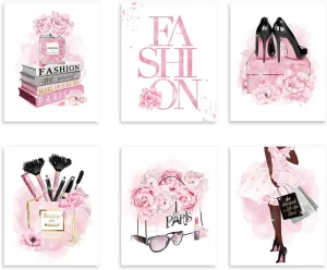 African American Wall Art Fashion Wall Decor Black Girl Canvas Poster, Pink Flowers Perfume Handbags High Heels Prints Wall Pictures Paintings for Girls Bedroom Wall Decor, Set of 6. 8x10in UNFRAMED
